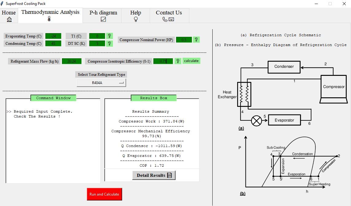 SuperFrost Cooling Pack thermodynamic analysis interface